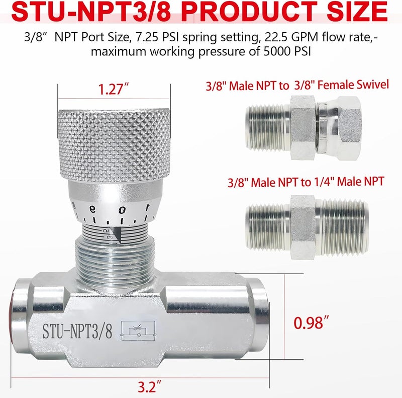 Cplbrb 3/8" NPT Hydraulic Flow Control Valve, 5000 PSI | One-Way Adjustable Speed Throttle Check Valve with 2 Pipe Adapters for Cylinder Control - Image 3